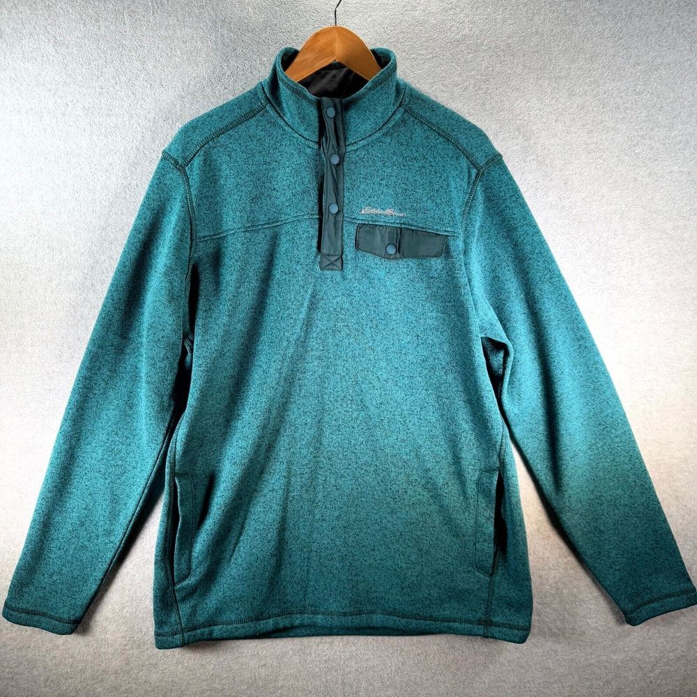 Eddie Bauer Radiator Sweatshirt Mens Large Tall Teal Fleece Lined Snap Mock Neck